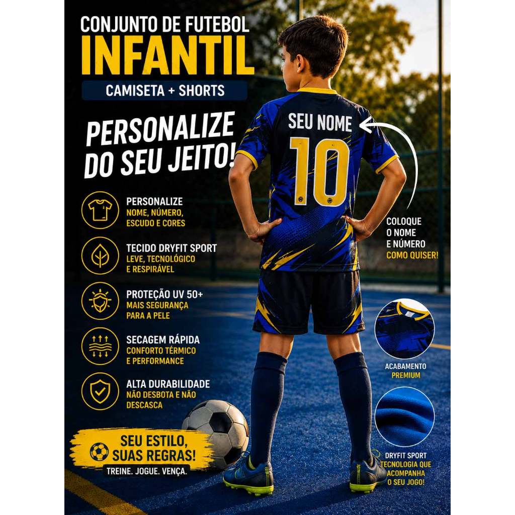 Conjunto Infantil Personalizado (Camiseta + Short) Tecido Dryfit Sport Premium Proteção UV