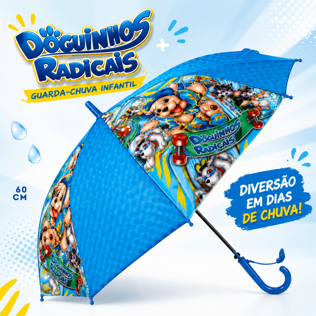 Guarda-Chuva Infantil Menino Doguinhos Radicais Resistente 60cm Sombrinha Escolar Cachorrinho Desenho