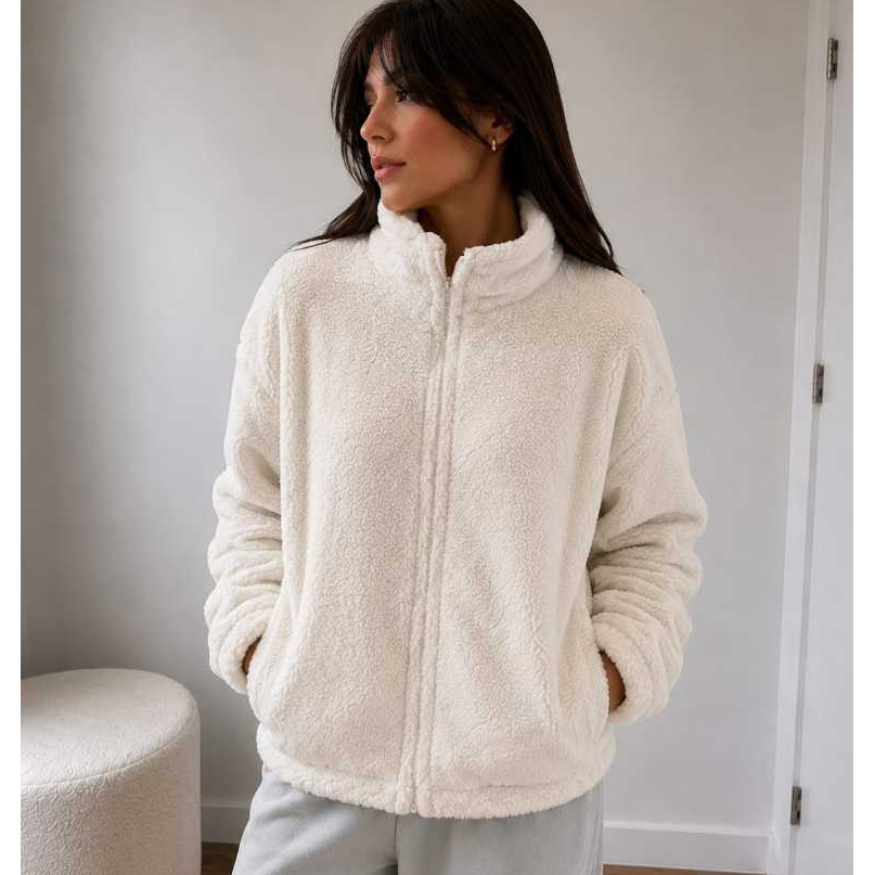 Casaco Teddy Ted Feminina Zíper Bolso Blusa de Frio Inverno Elegante Peluciado Confortavel Quentinho