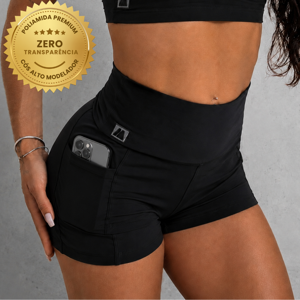 Short Fitness Feminino Poliamida Cós Alto Com Bolso Zero Transparência Bermuda Academia Treino Ágata