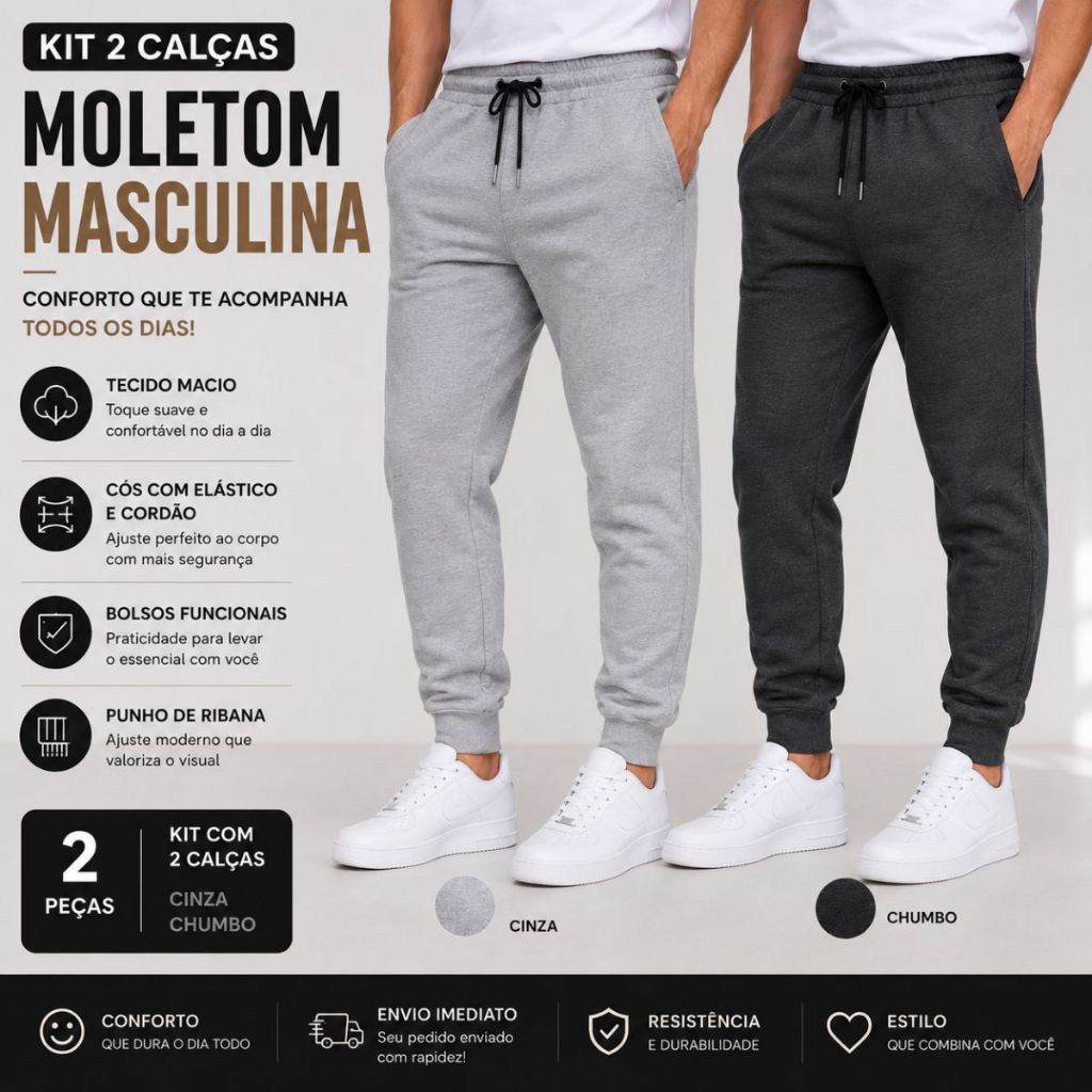 Kit 2 Calças De Moletom Jogger Masculino Academia Treino Casual Flanelada Dia a Dia Promoção