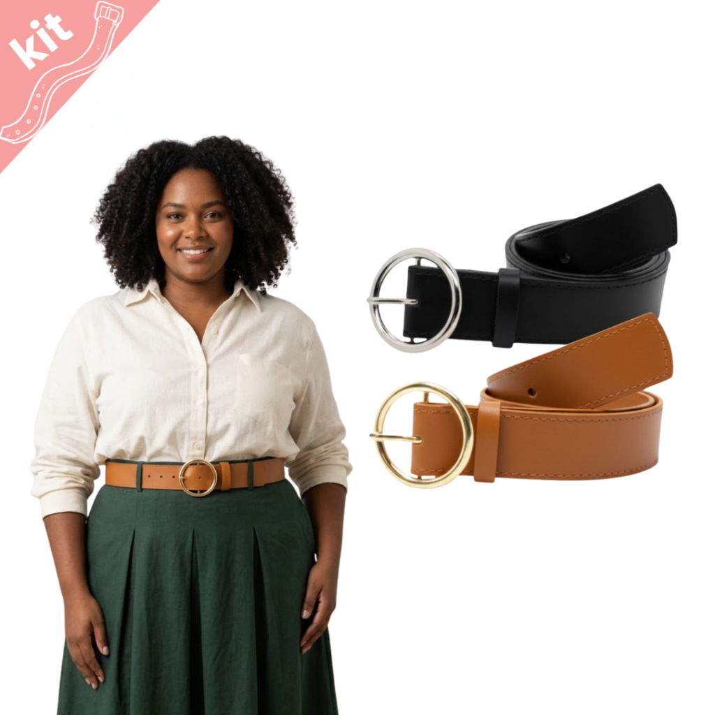 KIT 2 Cintos Femininos Largo 3.5cm PP ao Plus Size Fivela Redonda Prata e Dourada - Lia / Linda