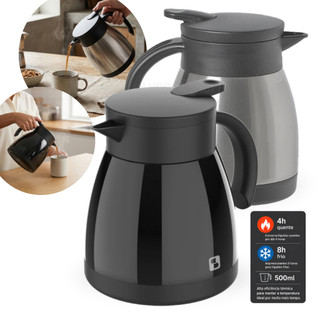 Bule Térmico Garrafa Térmica Aço Inox / Preta 500ml para Café Chá Com Alça Elegance Soprano