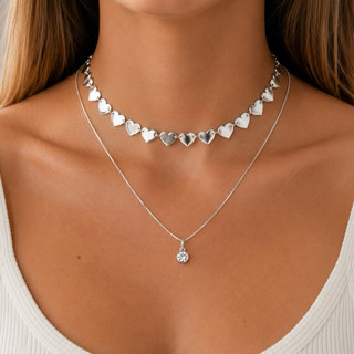 colar corrente feminina Ponto de Luz prata 925 + Gargatilha Choker de Coração prata 925