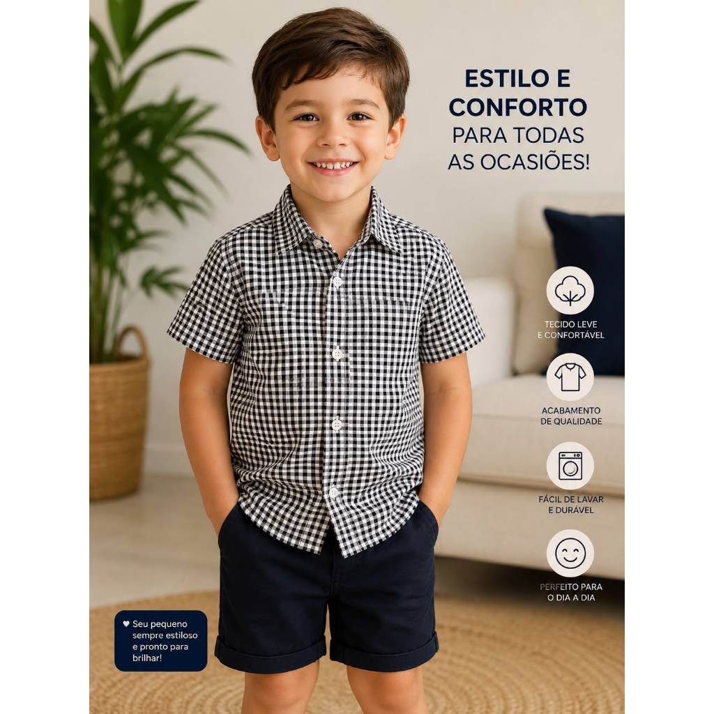 camisa xadrez menino infantil básica com botão manga curta viscolinho elegante verão casual Festa Junina