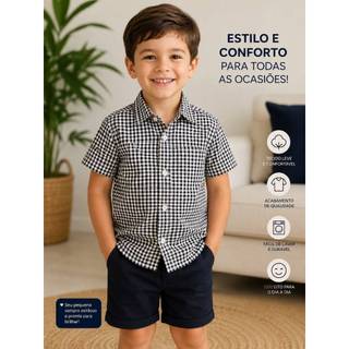 camisa xadrez menino infantil básica com botão manga curta viscolinho elegante verão casual Festa Junina