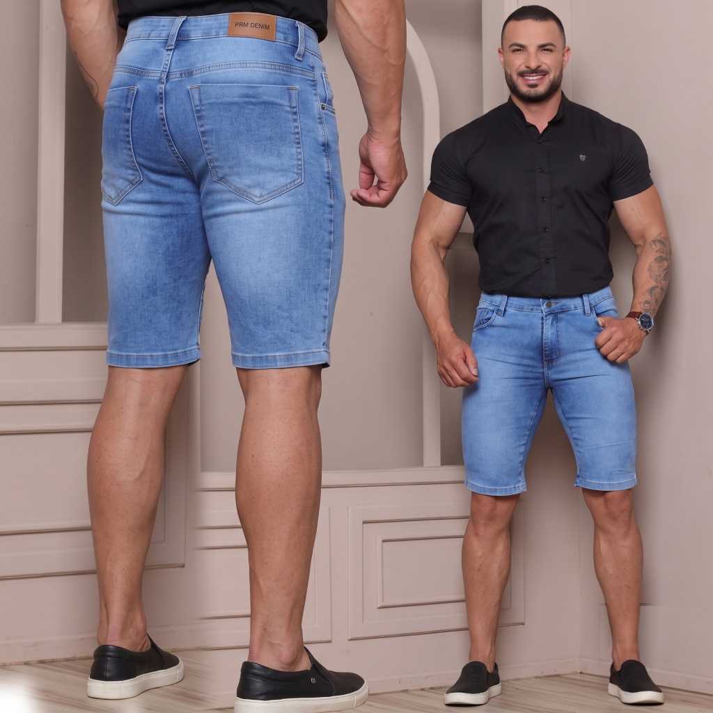 Bermuda Jeans Masculina Slim Skinny Com Elastano Lavagem Clara
