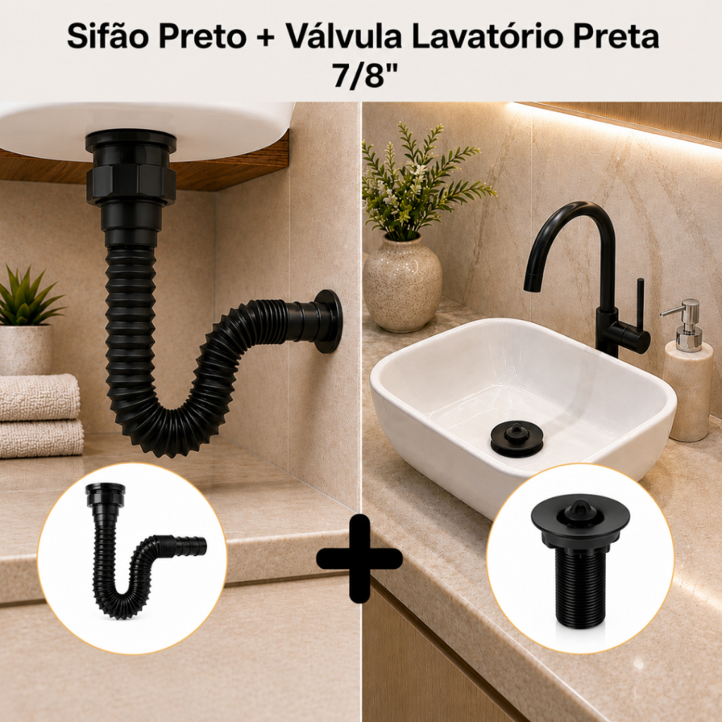 KIT Sifão Preto + Válvula Preta 7/8" ABS - Sanfonado Flexível Cozinha Banheiro Lavatório Gourmet