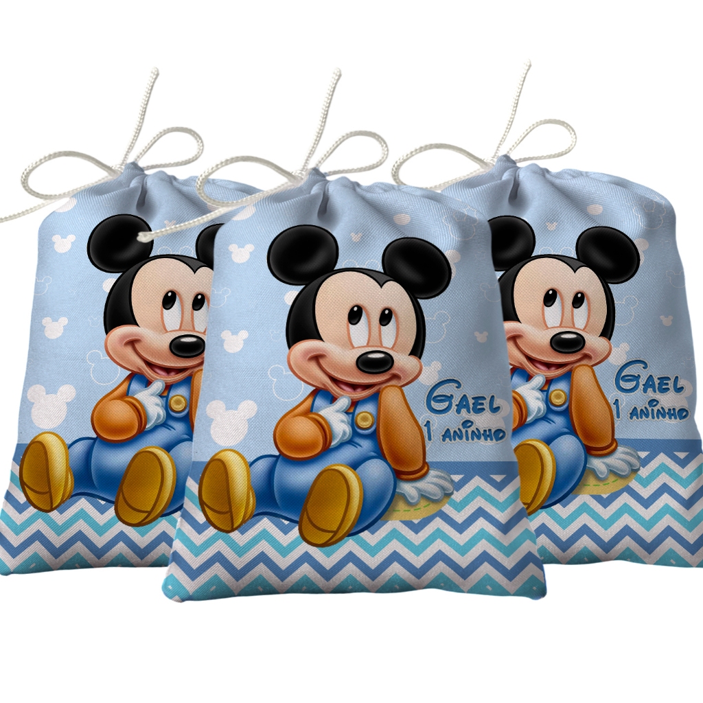 Sacolinha Lembrancinha Festa Aniversário Surpresa Tecido Personalizado Mickey Baby