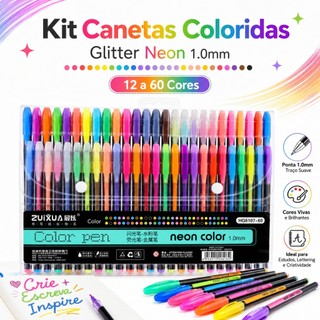 Kit Canetas Coloridas Glitter Neon 1.0mm 12 a 60 Cores Lettering Planner Escola
