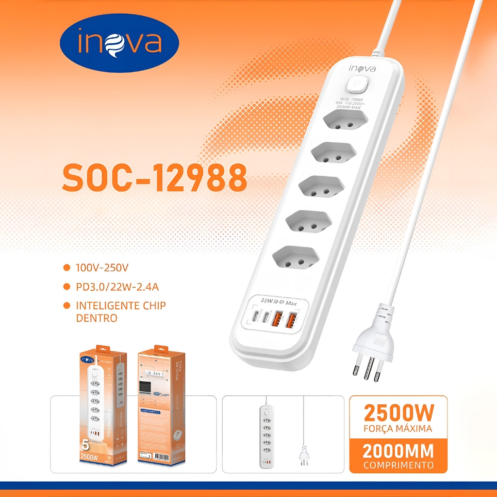 INOVA Régua Filtro de Linha com 5 Tomadas 2500W Extensão Elétrica 3 Universal 3 U 2 Type c 10A