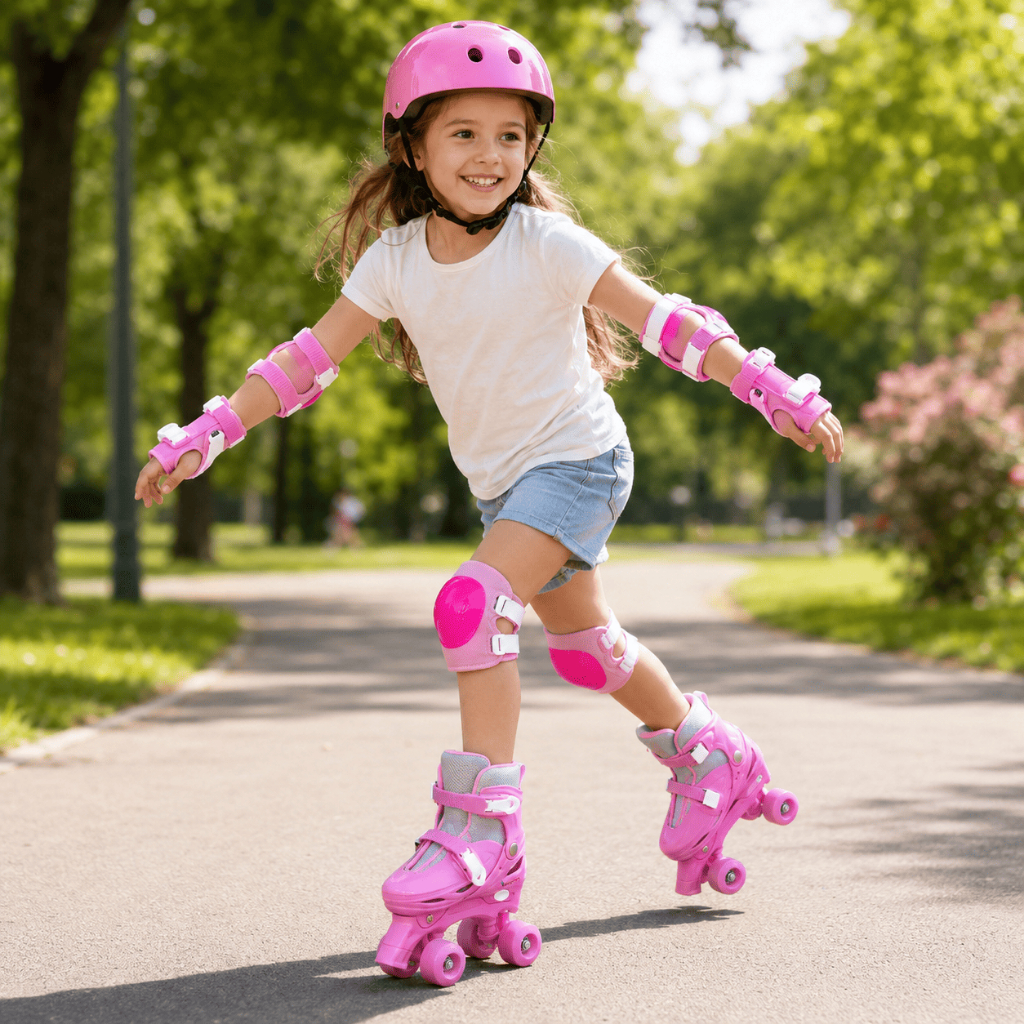 Patins Roller Quad 4 Rodas Ajustável Rosa 39 ao 42 Com Kit Proteção Capacete Joelheira Cotoveleira Proteção das Mãos
