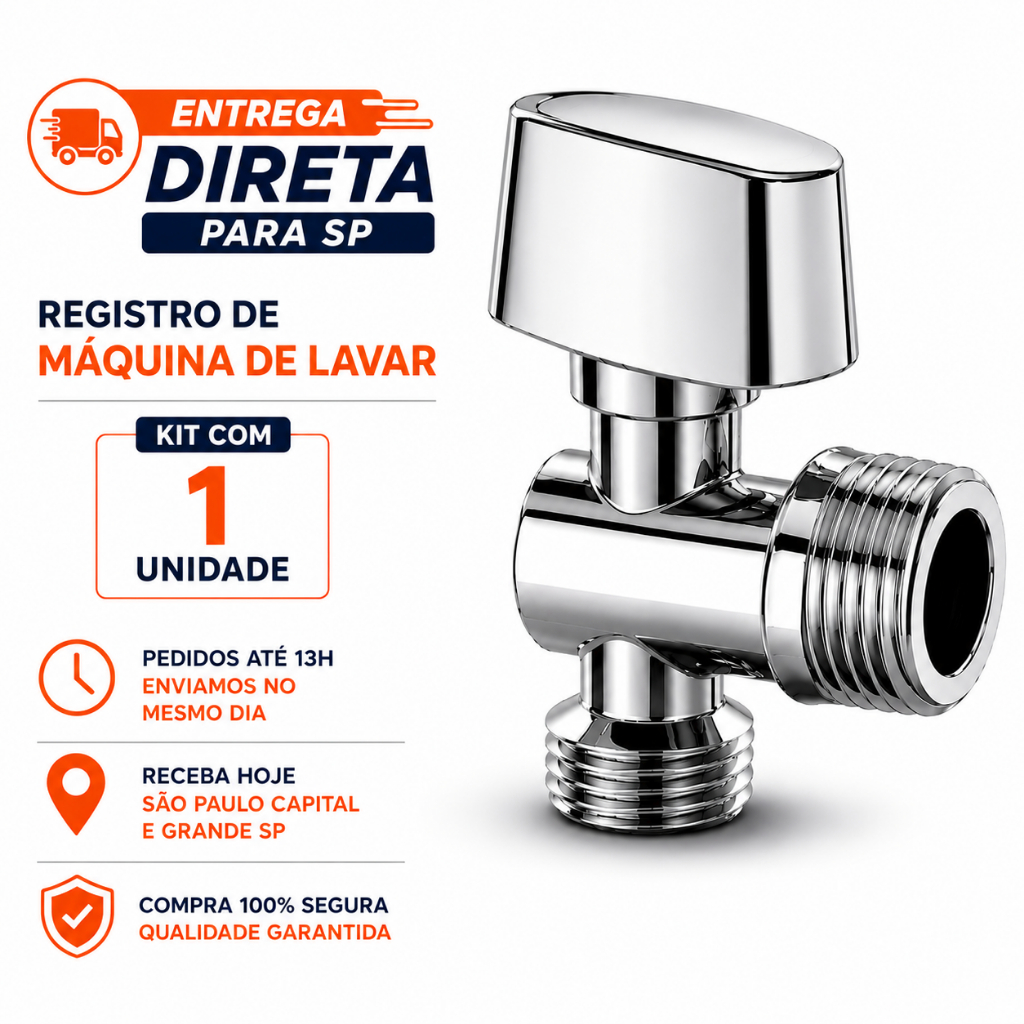Registro para Máquina de Lavar 1/2 x 3/4 Metal Cromado Reforçado | 1 UNIDADE | ENTREGA DIRETA