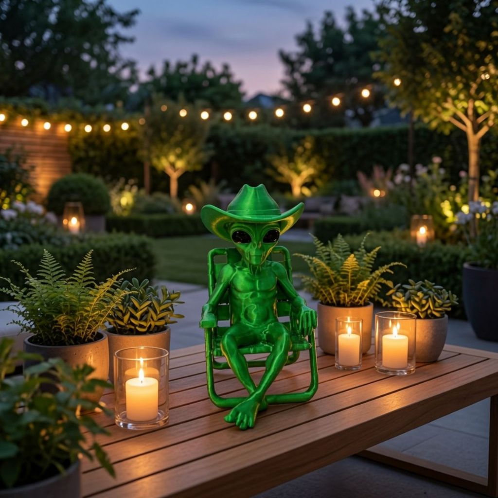 Estatueta Alienígena Cowboy Sentado com Garrafa e Cadeira Decorativa Estilo Geek Gamer
