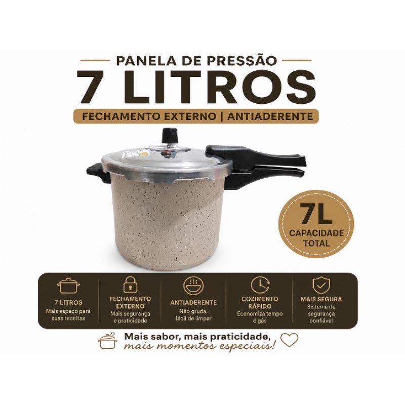 PANELA DE PRESSÃO 7,0 LITROS FECHAMENTO EXTERNO ANTIADERENTE -MARFIM GRANITO-