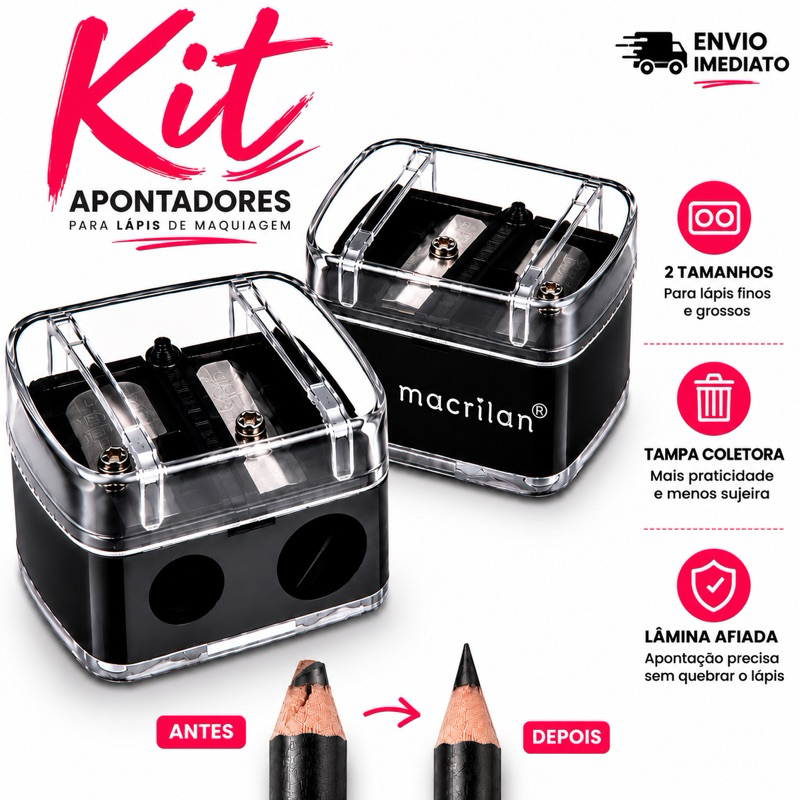 Kit 2 Apontadores Duplo Macrilan para Lápis de Maquiagem | Tampa Coletora