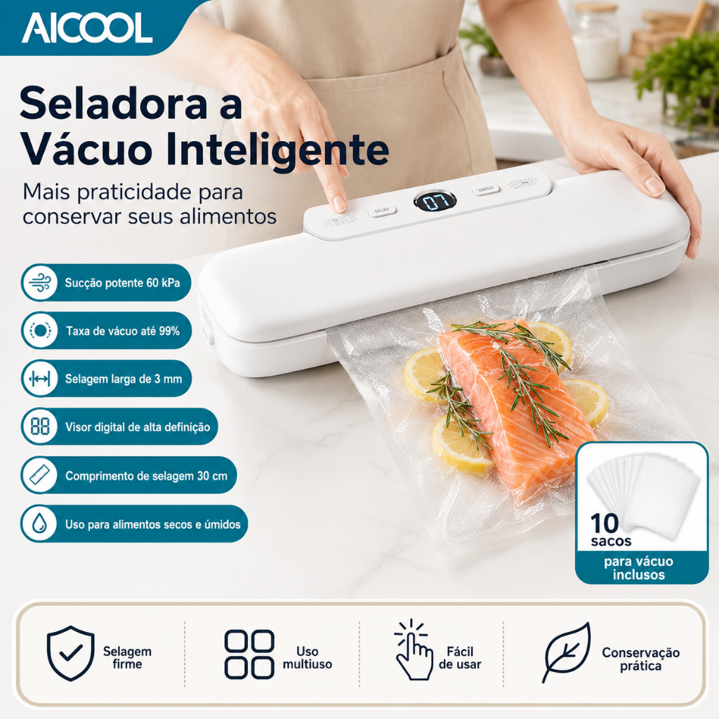 AICOOL 2026 Seladora a vácuo portátil , adequada para alimentos, bivolt, inclui 10 sacos a vácuo.