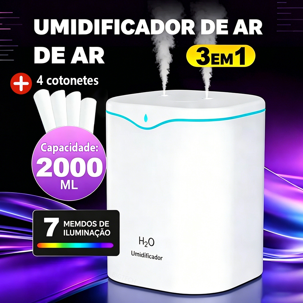 2 L Grande Umidificador De Ar Aromatizador Com 2 Saídas De Ar E LED Multifuncional