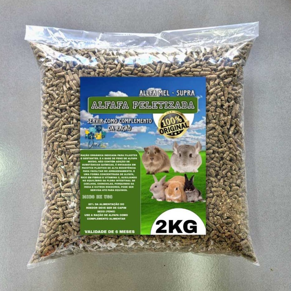 Alfafa peletizada 2kg ideal para porquinhos da índia, coelhos e outros roedores