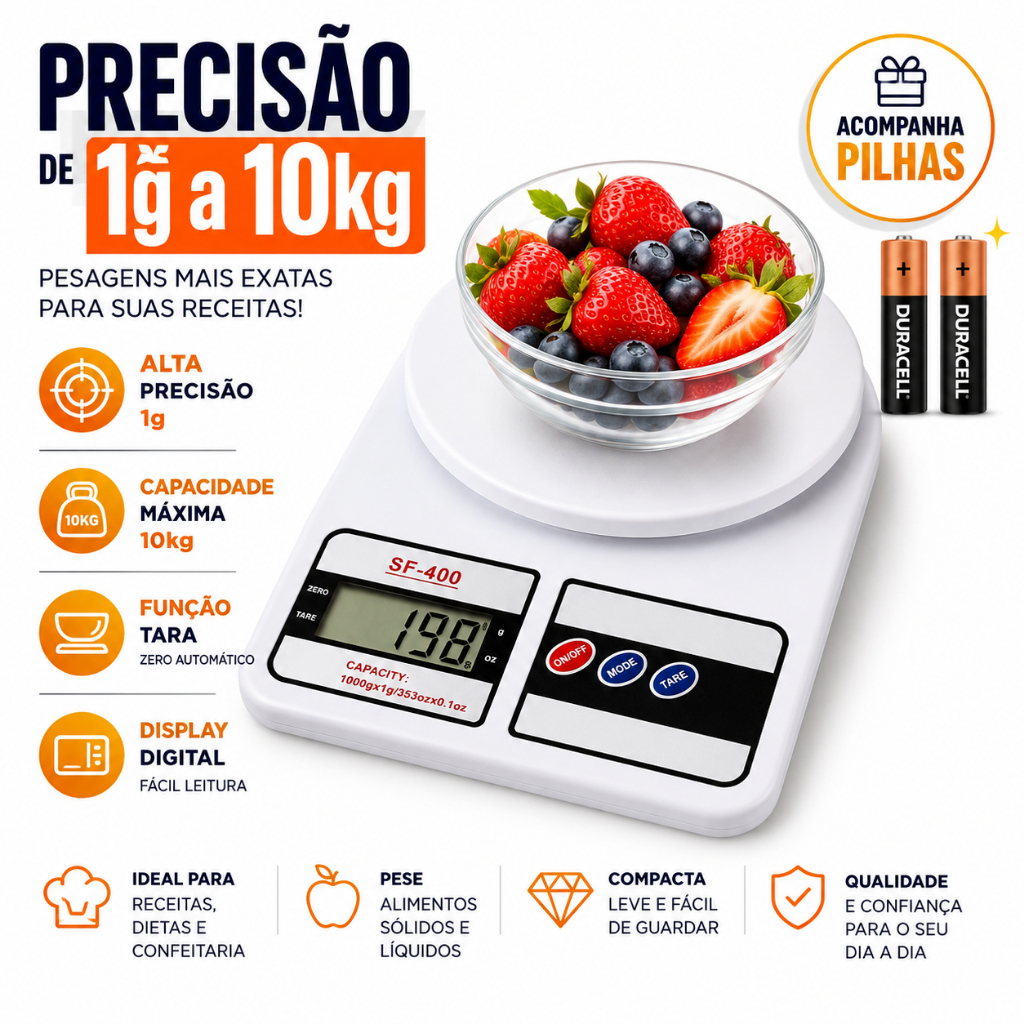 Imagem Balança Digital Cozinha 10Kg Precisão Balança de Alimentos Cozinha pilhas inclusas
