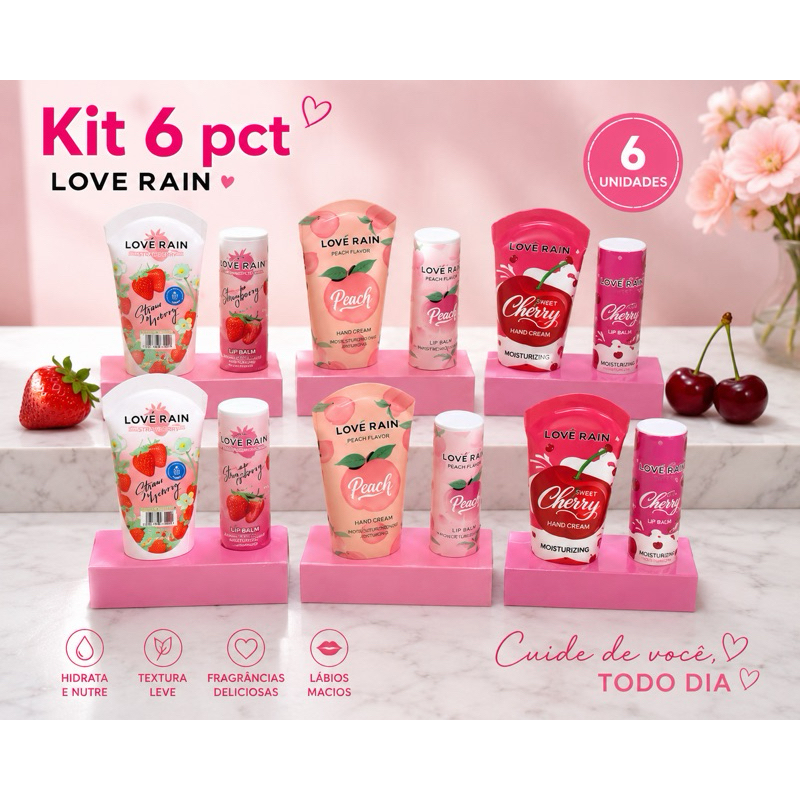 Kit 6 Creme para Mãos e Protetor Labial LOVE RAIN Morango Peach Cherry Hidratante Presente Feminino