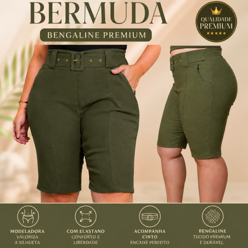Bermuda Feminina  Plus seze Bengaline Cintura Alta Com Cinto Modeladora Social Premium Confortável Com Elastano
