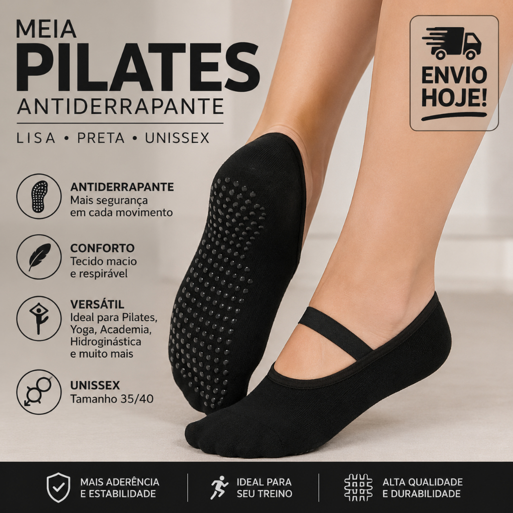 Imagem Meia Pilates Lisa Antiderrapante Preta Unissex 35/41 Conforto Premium Yoga, Academia e Hidroginástica