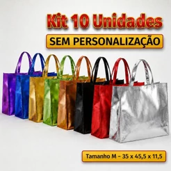 Kit 10 Sacolas TNT Metalizadas Tam M Com Botão Presentes e Lembrancinhas | Sem Personalização