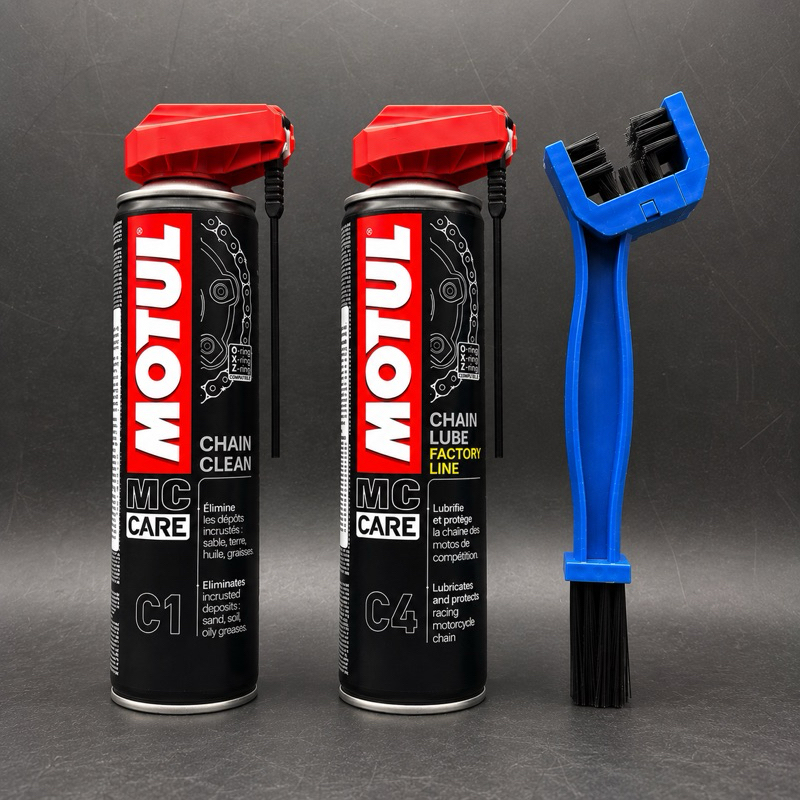 Kit Motul MC Care C1 C4 + Escova Limpeza Corrente Moto Chain Clean Factory Line Origi
