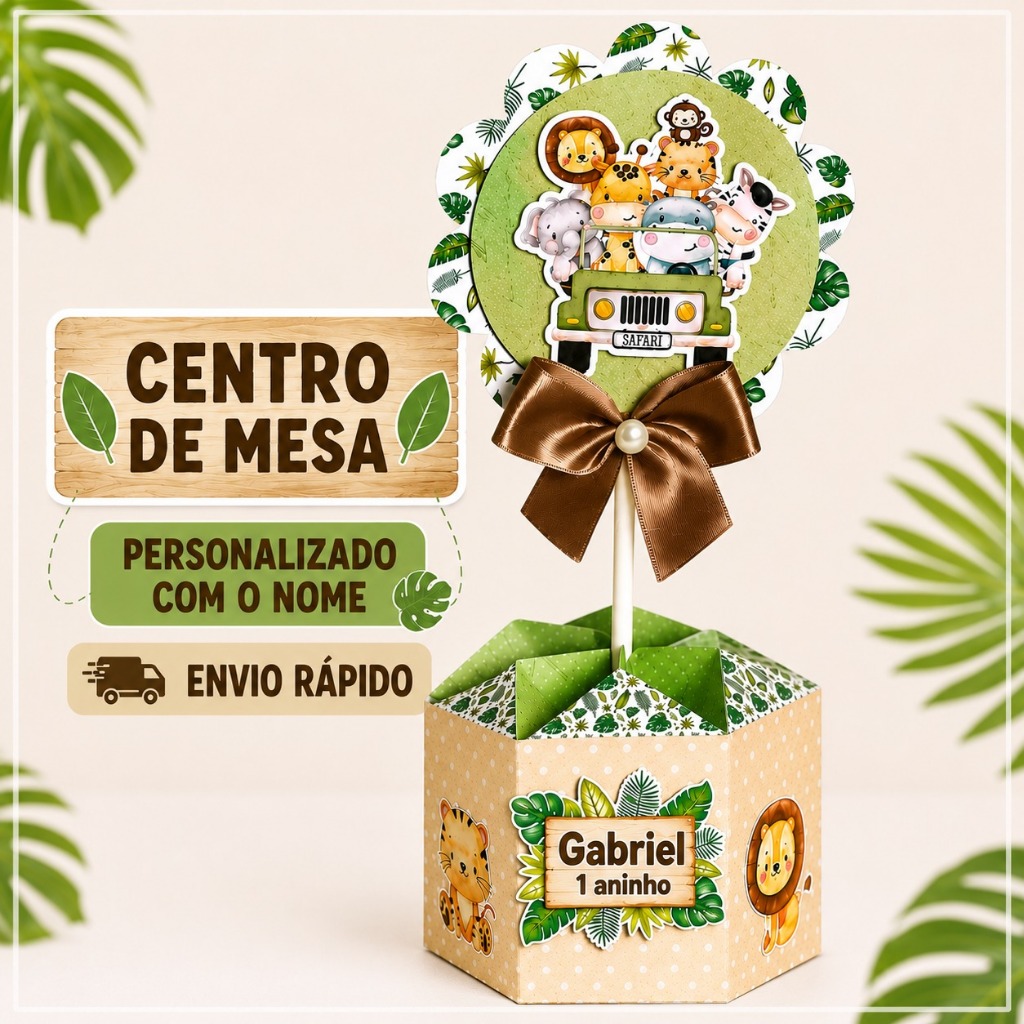 PEGUE E MONTE Centro de mesa Safari  Cachepô  Arranjo de mesa  Lembrancinhas Festa infantil