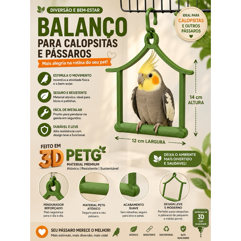 Brinquedo Balanço para Pássaros, Calopsita, Agapornis, Periquito