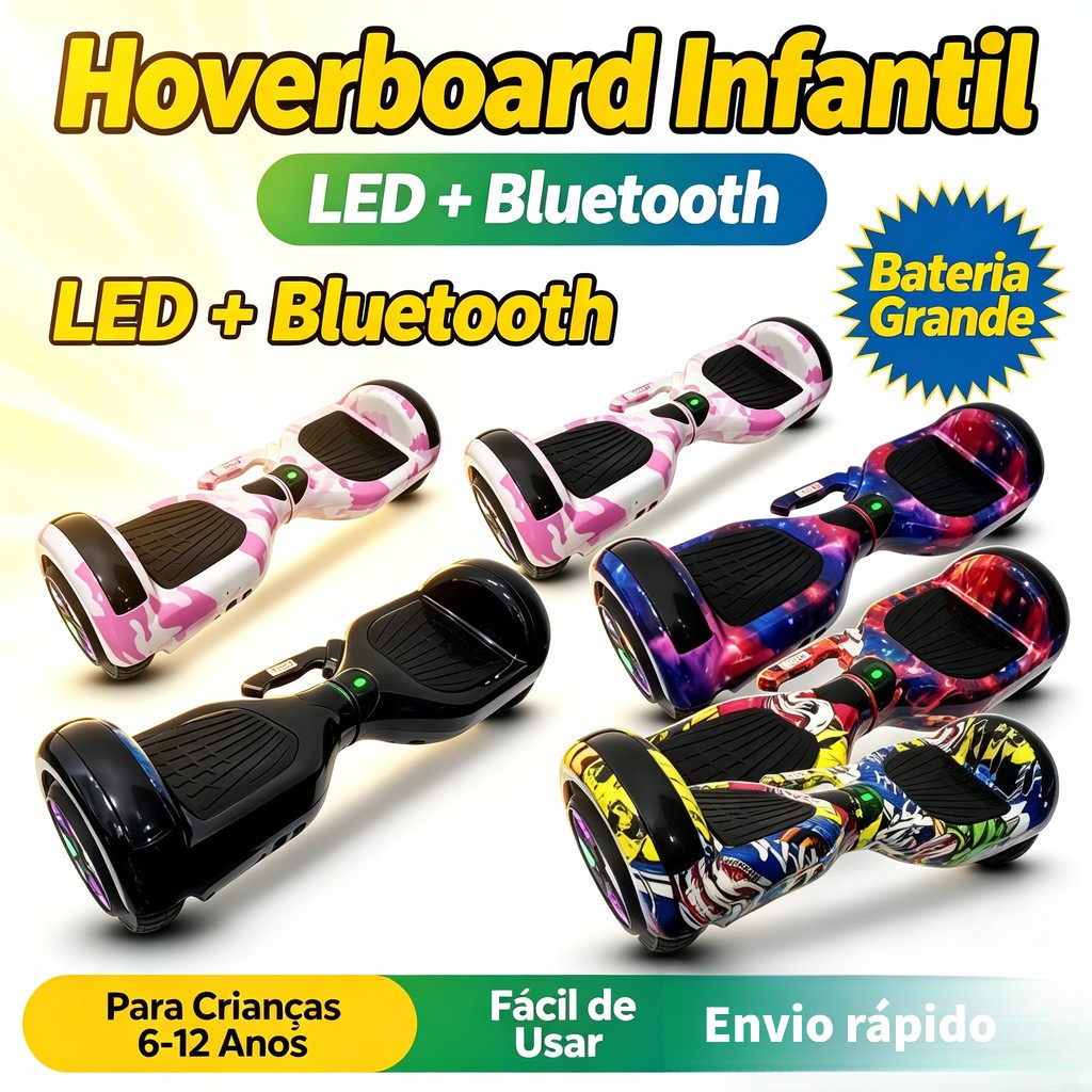Hoverboard Infantil LED Bluetooth Bateria Grande Capacidade para Crianças 6 12 Anos -P10