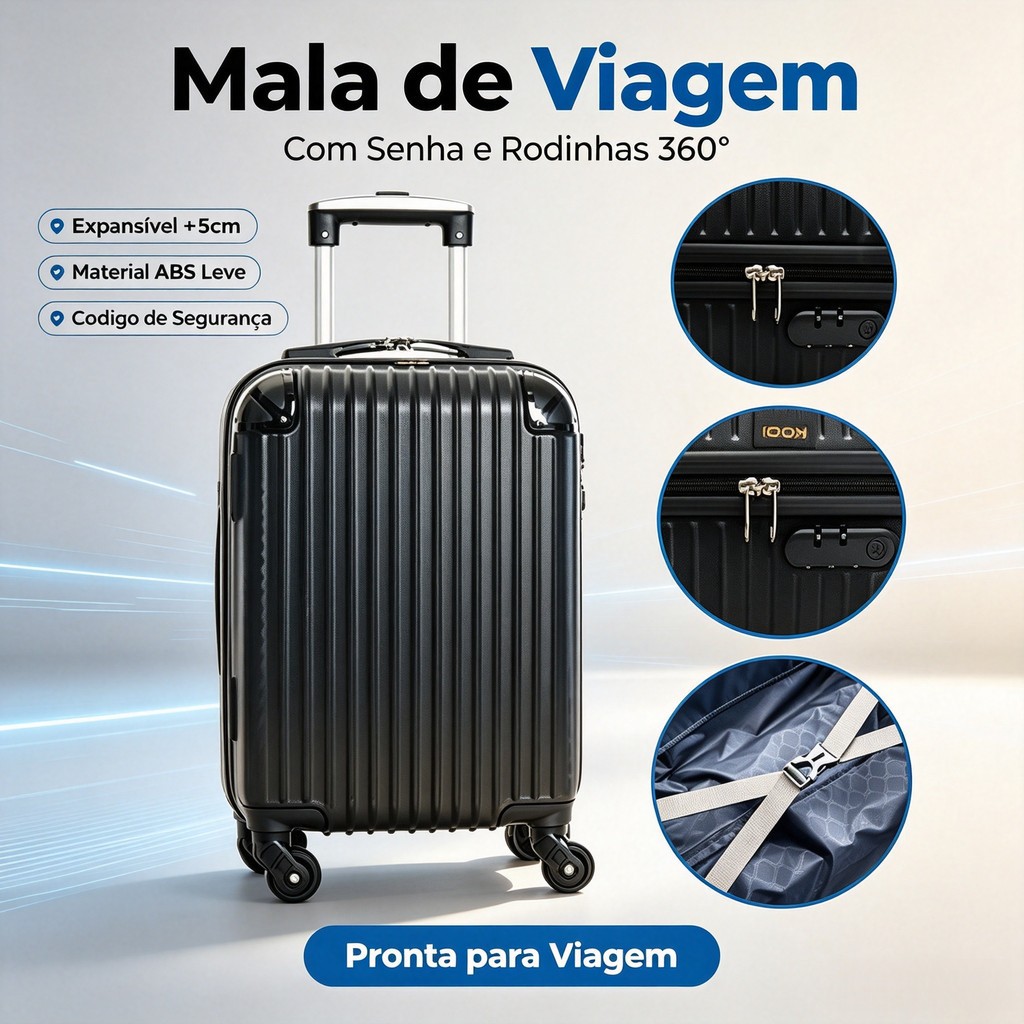 Mala de Bordo ABS 10KG Leve, Rodas 360° Zíper Duplo Antifurto Executiva - 2401