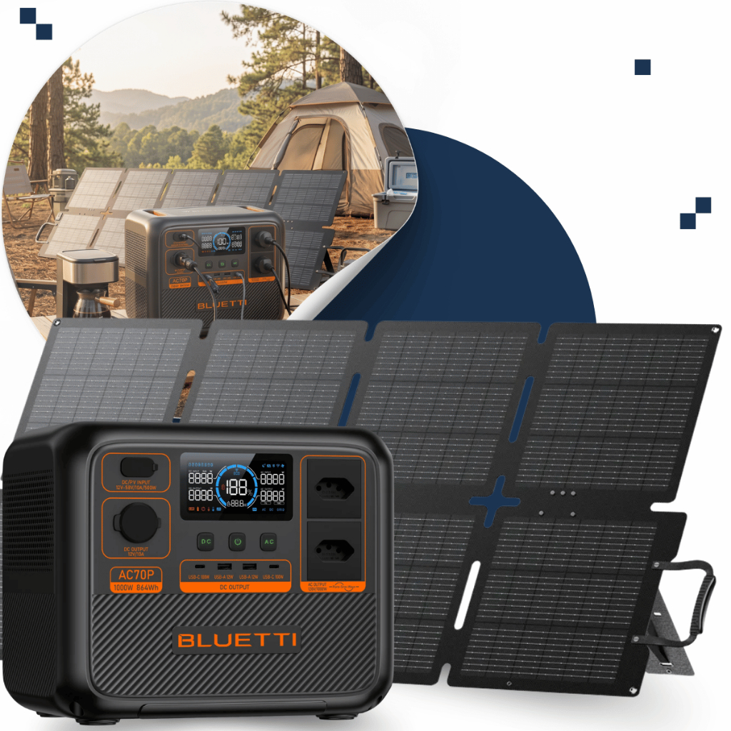 Estação Energia Solar Portátil Bluetti AC70P 110V / 220V + Painel Sora 130W 21.6 V Conector MC4