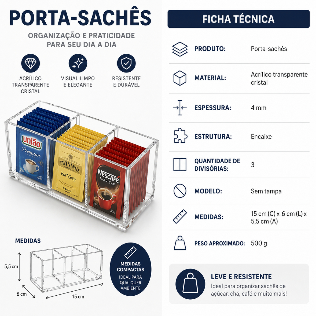 Porta Sachê Em Acrílico Cristal 3 Divisórias Sem Tampa Para Restaurante Bar Cozinha — imagem 2 de 2