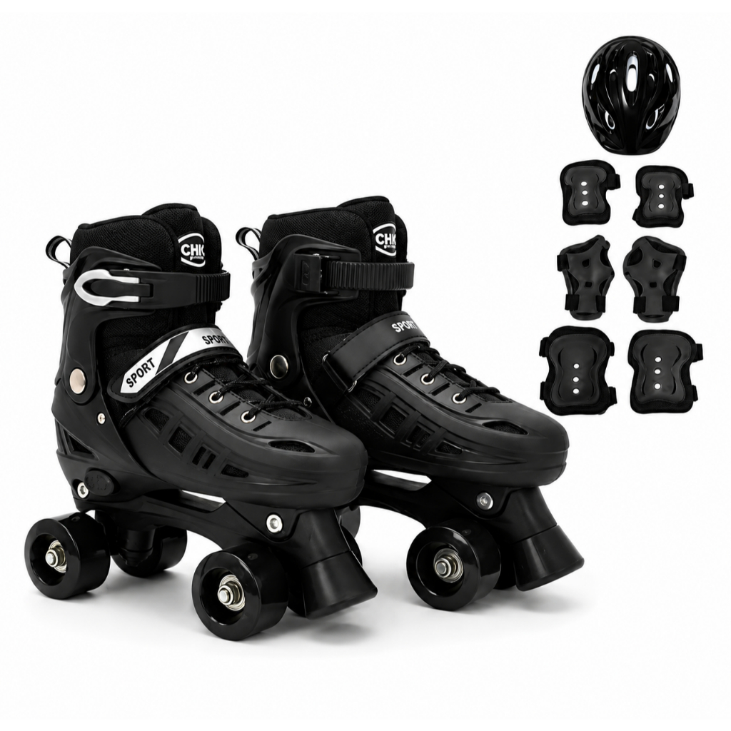 Patins 4 Rodas Sem Led Infantil Quad Rosa, Azul e Preto Tamanho Ajustável + KIT PROTEÇÃO + BOLSA!