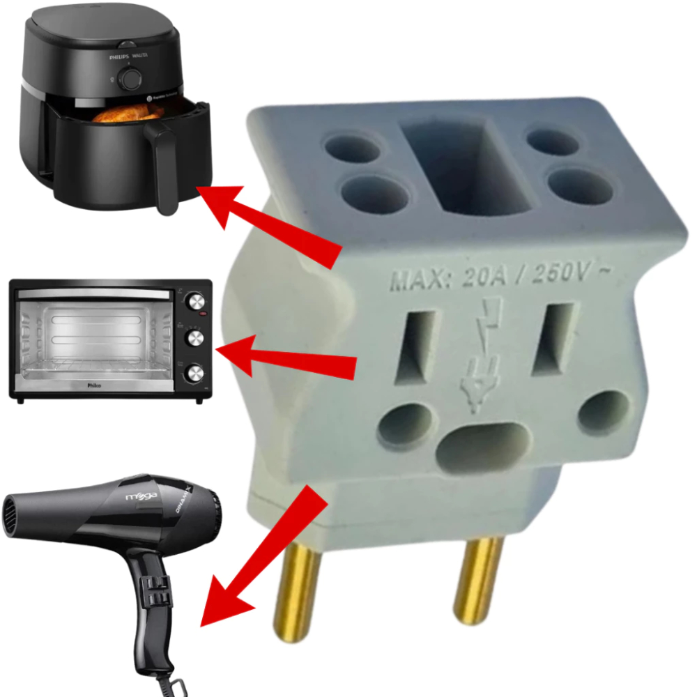 Adaptador Plugue Tomada Benjamin 10A 16A 20A Plug Pino Grosso e Fino até 250v - Bivolt 110v 220v