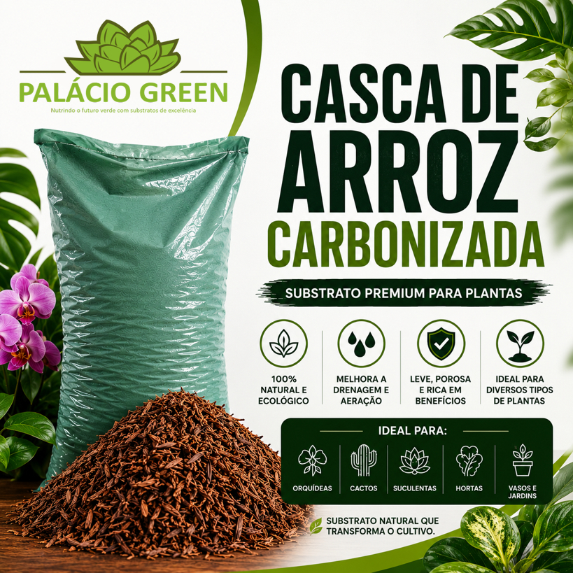 Casca de Arroz Carbonizada Substrato 110L Drenante Palácio Green para Orquídeas, Cactos, Suculentas, Rosa do Deserto