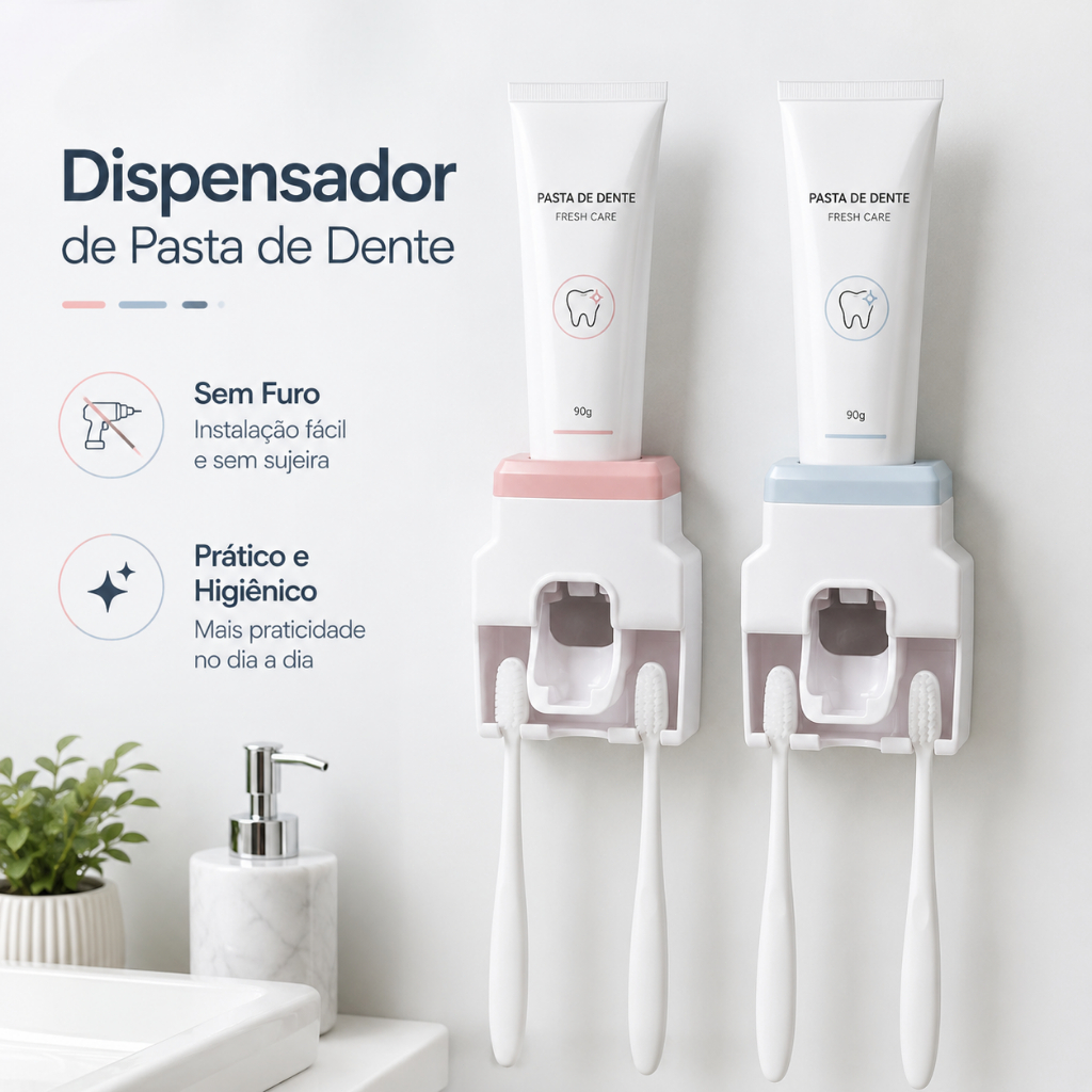 Dispenser Automático de Pasta de Dente com Porta Escovas de Parede Adesivo Sem Furo para Banheiro