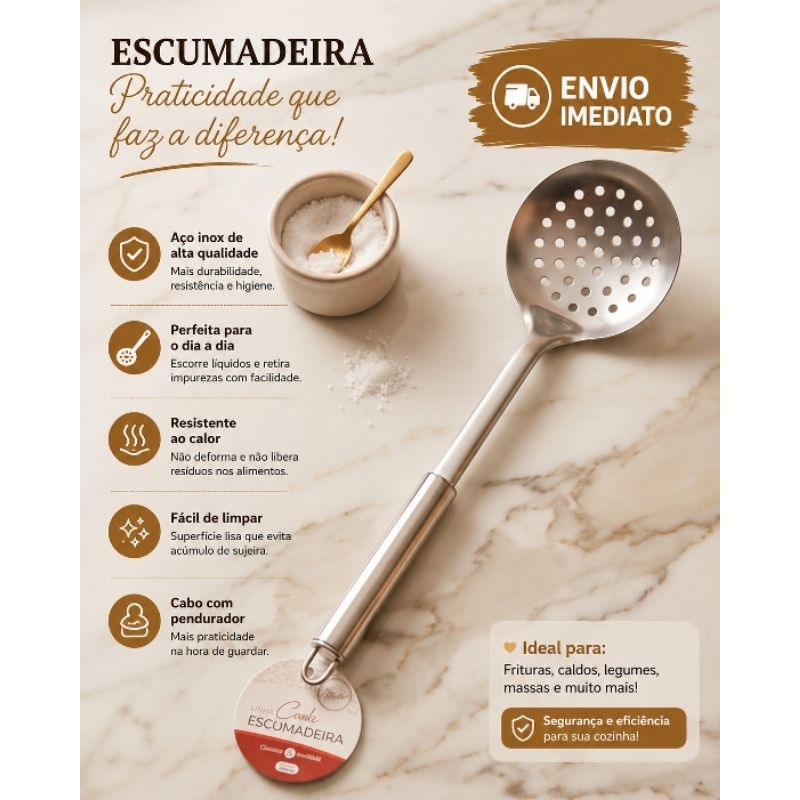 Escumadeira 16,80Para Arroz Frituras Massas Em Aço Inox 32cm Original Cozinha Uso Doméstico Restaurantes