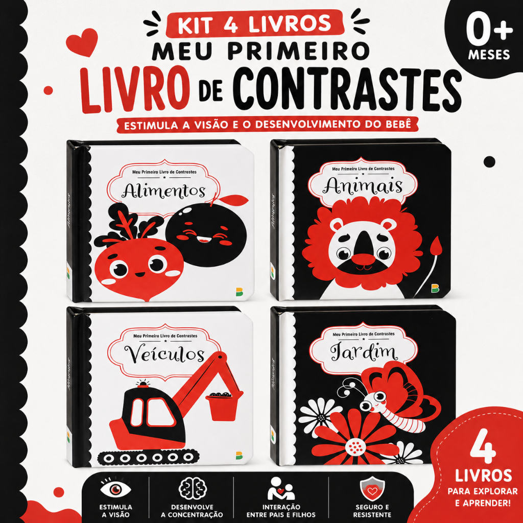 Livros Sensoriais para Bebê | Meu Primeiro Livro de Contrastes | Animais + Alimentos + Veículos + Jardim