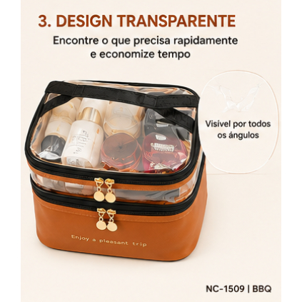 Bolsa Cosmética Dupla Camada Marrom - Grande Capacidade, Design Portátil e à Prova d"Água 1509
