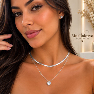 1 colar duplo Choker prata 925 Colar Laminado + Colar Com coração Ponto De Luz banhado a  ouro 18K Meu Universo