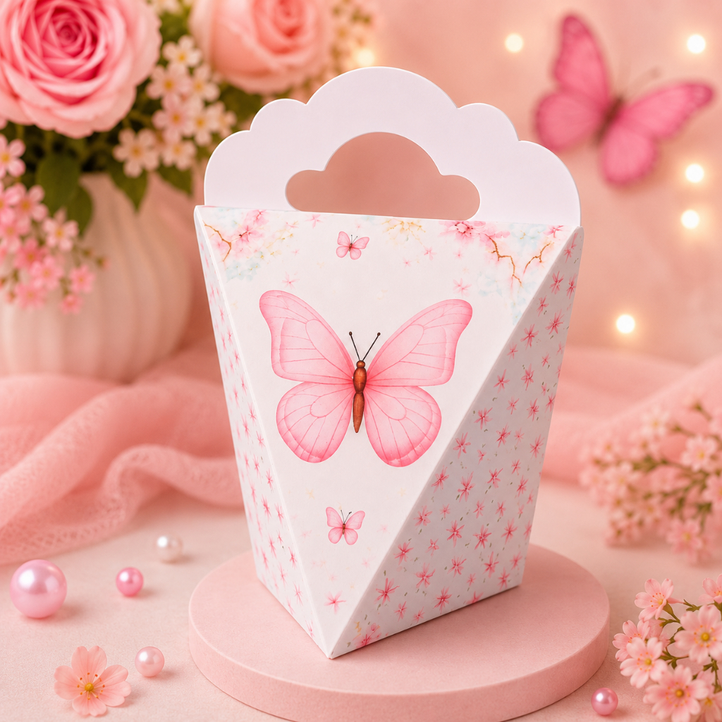 Caixinha Triângulo Coração Personalizada Jardim das Borboletas Rosa | Lembrancinha Festa Infantil | Caixa Doces Decorada
