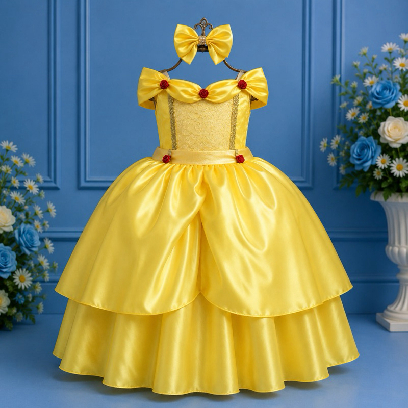Fantasia Vestido Princesa Bela e a Fera Tema Festa Aniversario Com Tiara