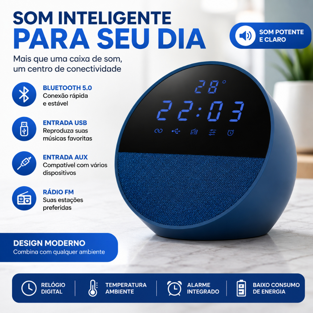 Caixa de Som Bluetooth 15W com Rádio FM Relógio Digital Despertador LED Portátil USB P Quarto Mesa VisionTech_