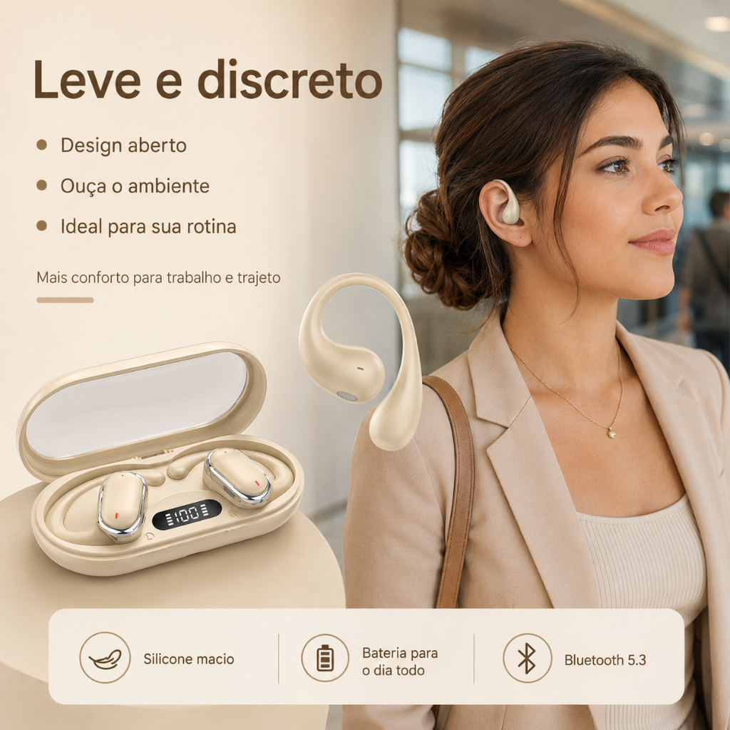 Fone Bluetooth X97 Clip-On Aberto, Não Entra no Ouvido, Bluetooth 5.3, Microfone com IA e Display de Bateria