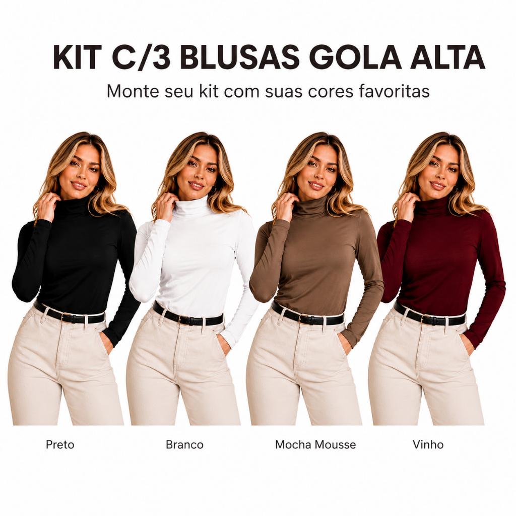 Kit 3 Blusas Femininas Inverno Gola Alta Lisa P ao GG