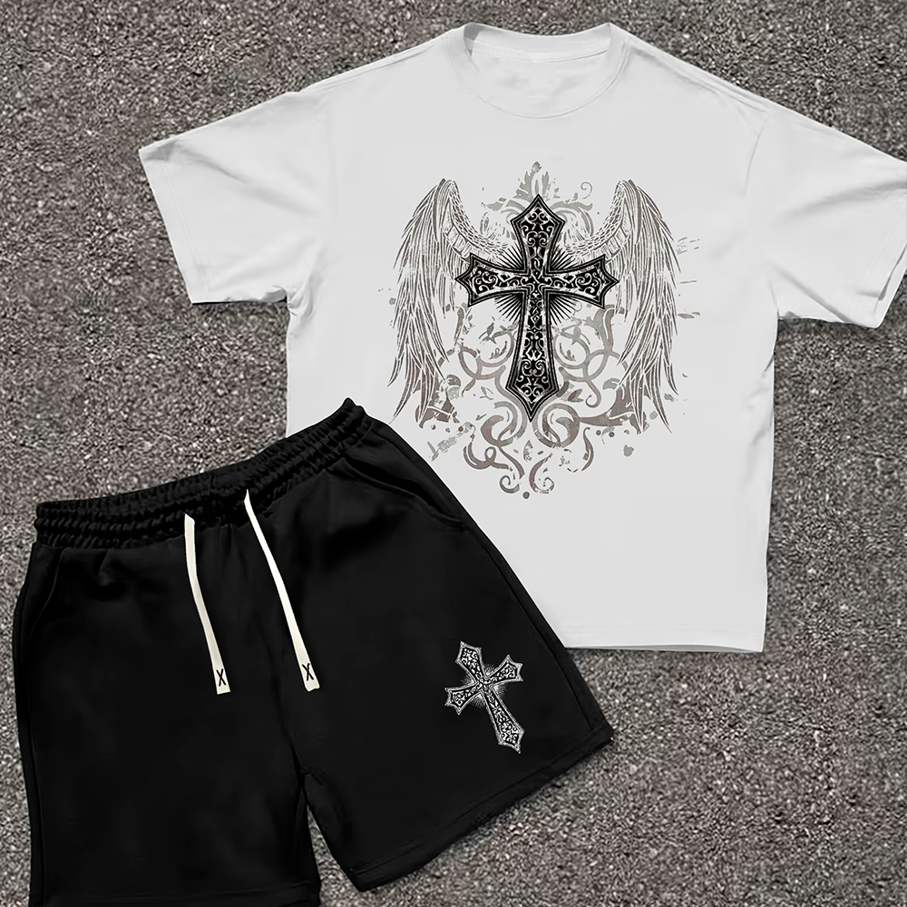 Conjunto Camiseta Oversized + Short Bermuda Moletom com Cordinha Cruz Angel Punk Streetwear Gótico Y2k Unissex Estampado