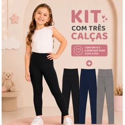 Kit Com 3 Calças Legging Suplex Moda Infantil Lisa Confortável Escolar